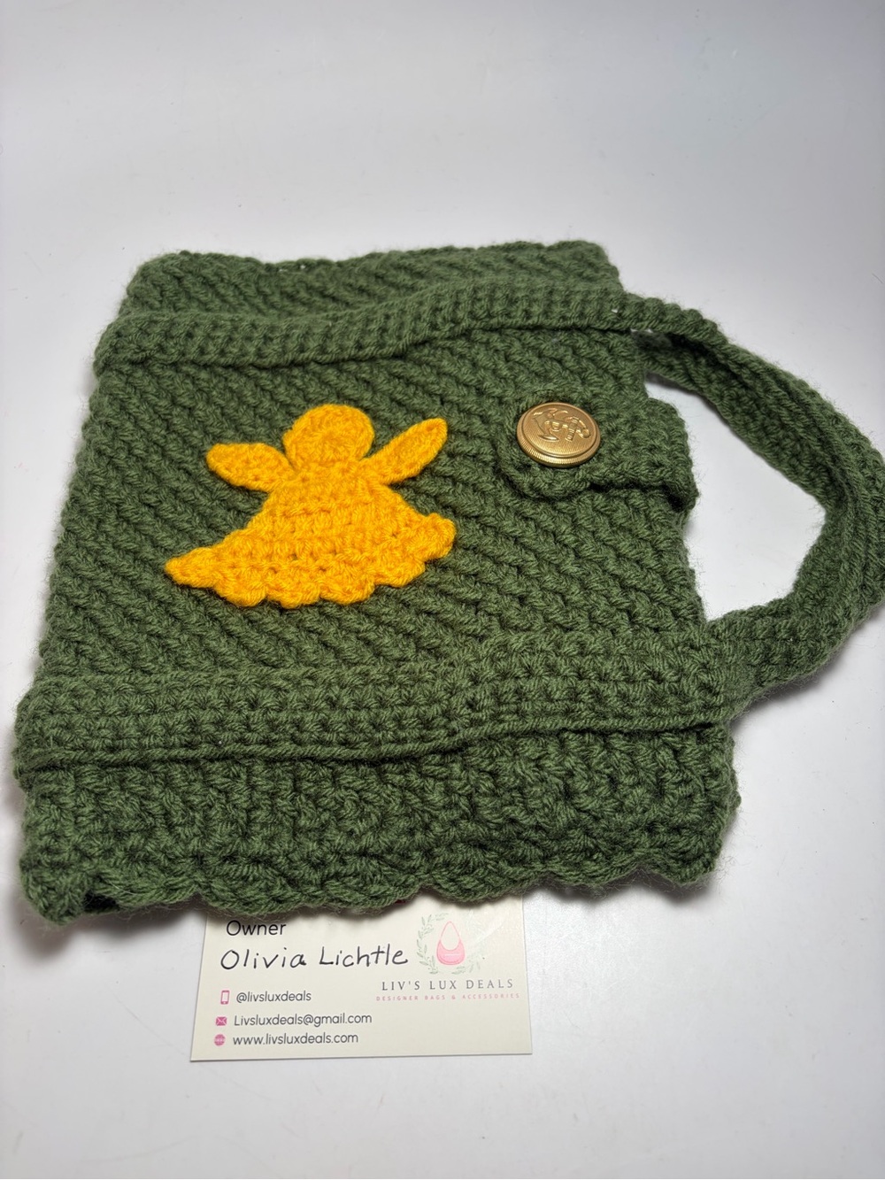 Handmade Kids Crochet Purse / Bible Coverwith Yellow Angel Applique Olive Green
